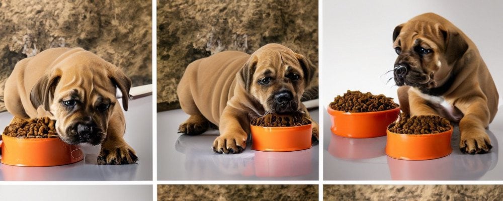 a-collage-of-different-large-breed-puppies-with-a-bowl-of-dry-dog-food