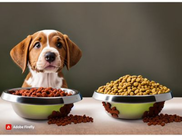 curious-puppy-gazing-at-two-distinct-bowls-one-filled-with-commercial-dog-food-and-the-other-with-fresh-natural-ingredients-