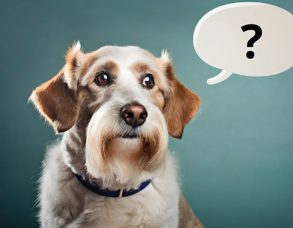 A-cute-senior-dog-with-a-thought-bubble-representing-the-common-questions-about-senior-dog-nutrition