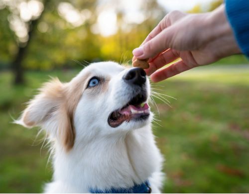 A close-up of a dog eagerly waiting for a treat, with the owner's hand holding a treat just out of reach