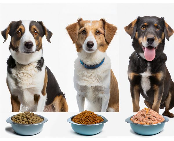 A collage featuring various dog breeds at different life stages (puppy, adolescent, adult, senior) with a bowl of nutritious dog food in front of each.