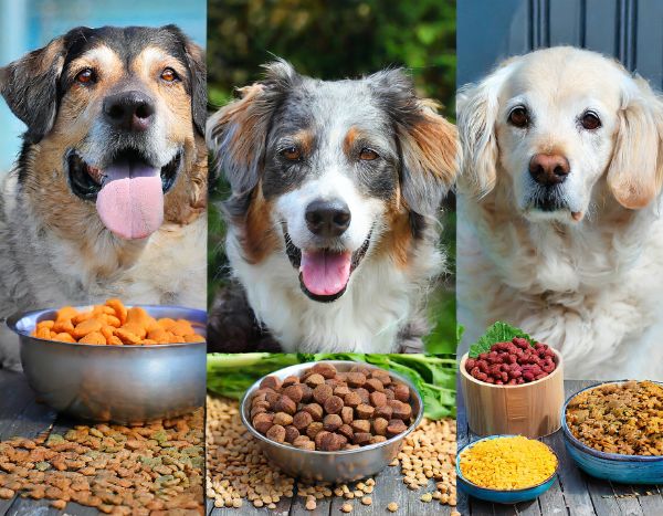 A collage featuring various breeds of senior dogs with a variety of healthy dog food options surrounding them