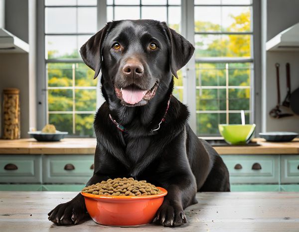 Dog-sitting-and-eats-his-grain-free-dog-food-at-the-table