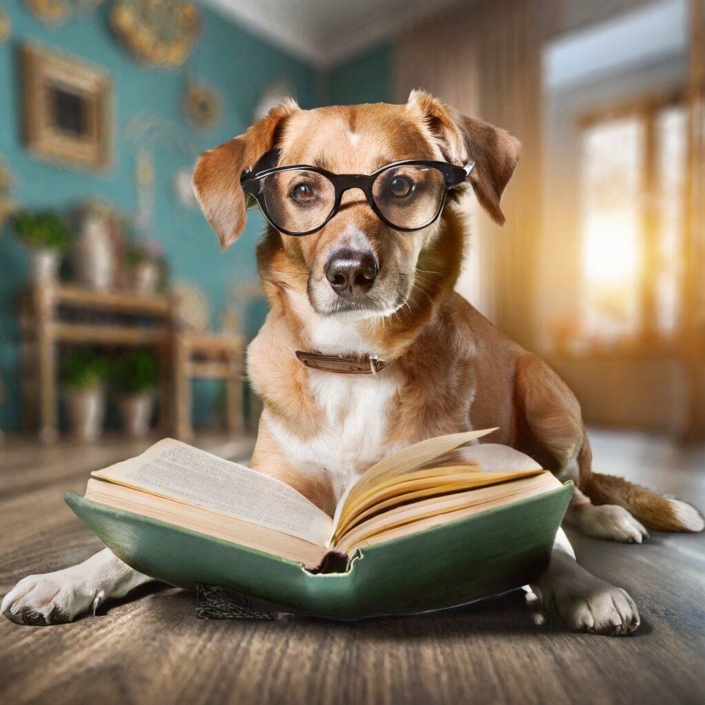 A cute dog with glasses reading a book in a room