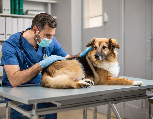 A vet checking on a dogs stomach