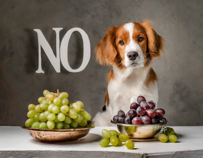 Dog sitting near grapes and a sign that says NO